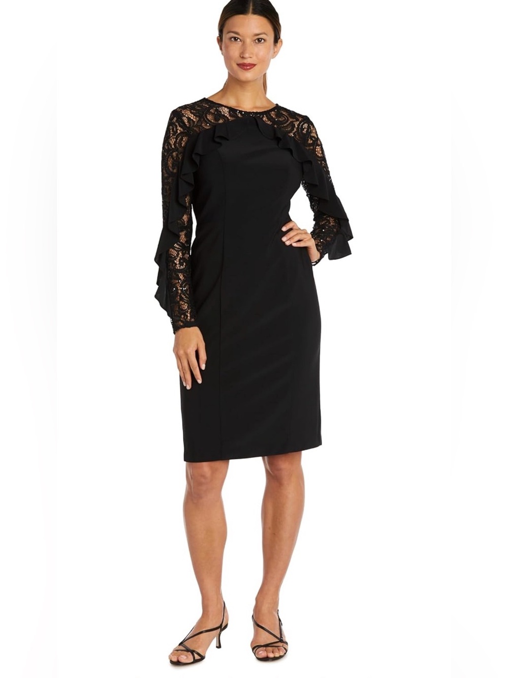 R&M Richards Black Lace Ruffle Long Sleeve Sheath Dress size 16
